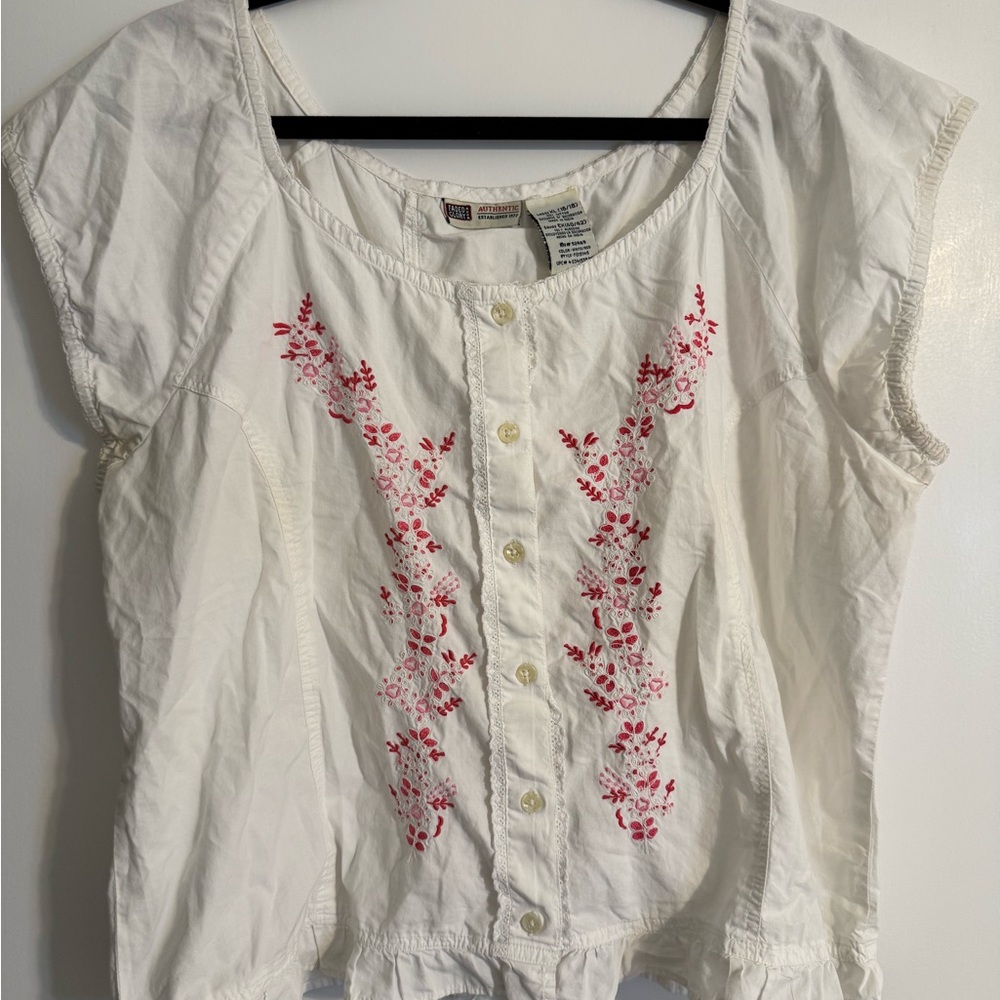 Faded Glory White Blouse with Floral Embroidery Nursing Friendly 100% Cotton